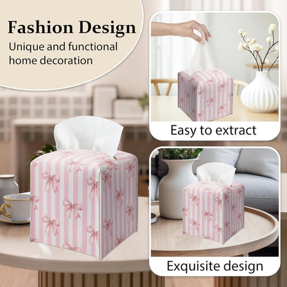 Pink Bow Stripes Tissue Box Cover, Cute Preppy Leather Tissue Box-Waterproof, Aesthetic Home Decor for Desktop Living Room Vanity Office, Gift Idea for Women & Friend, 5 x 5 Inches-A14