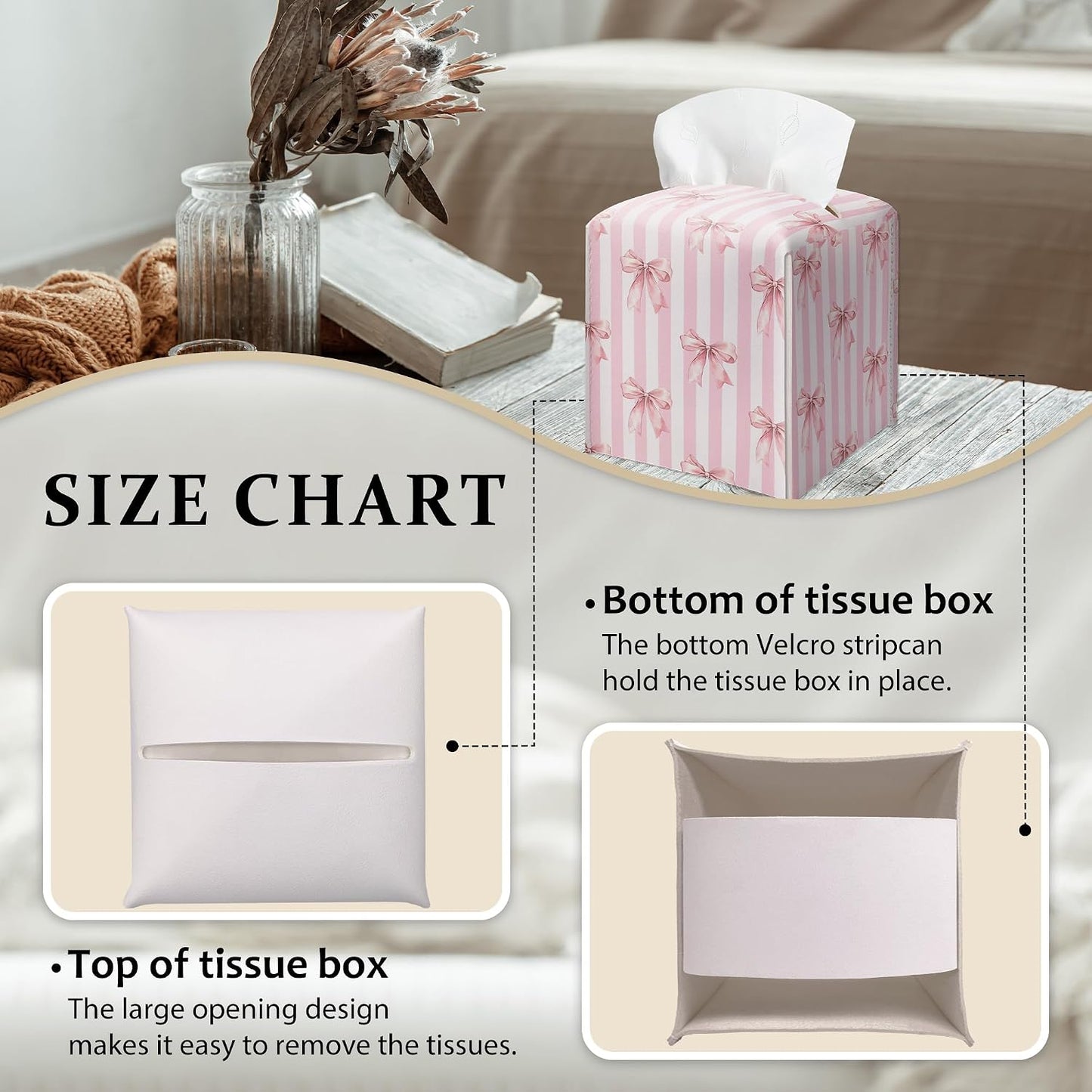 Pink Bow Stripes Tissue Box Cover, Cute Preppy Leather Tissue Box-Waterproof, Aesthetic Home Decor for Desktop Living Room Vanity Office, Gift Idea for Women & Friend, 5 x 5 Inches-A14