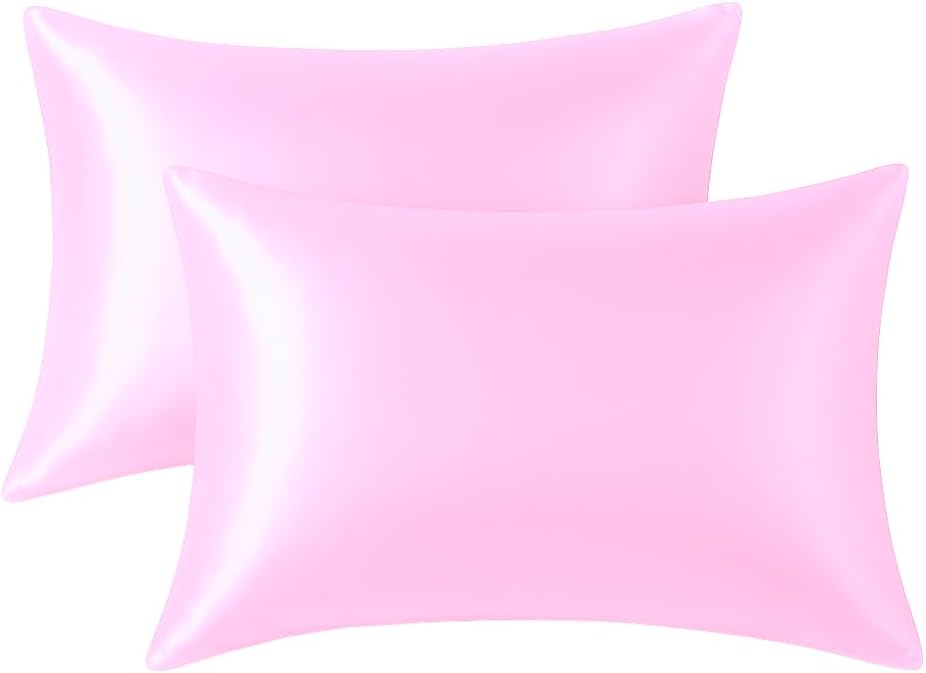 Pink Satin Pillowcase Pack of 2 for Hair & Skin-Standard Size 20x26 inch-Soft Silky Pillowcases with Hidden Zipper clouser-Smooth Satin Pillow Covers for Women. (Pink, Queen (20x30))