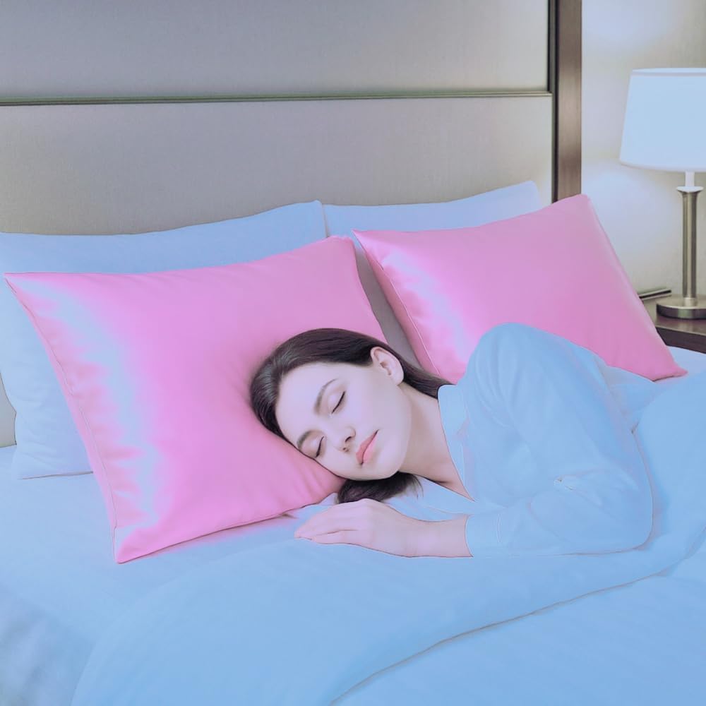 Pink Satin Pillowcase Pack of 2 for Hair & Skin-Standard Size 20x26 inch-Soft Silky Pillowcases with Hidden Zipper clouser-Smooth Satin Pillow Covers for Women. (Pink, Queen (20x30))