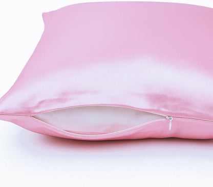 Pink Satin Pillowcase Pack of 2 for Hair & Skin-Standard Size 20x26 inch-Soft Silky Pillowcases with Hidden Zipper clouser-Smooth Satin Pillow Covers for Women. (Pink, Queen (20x30))