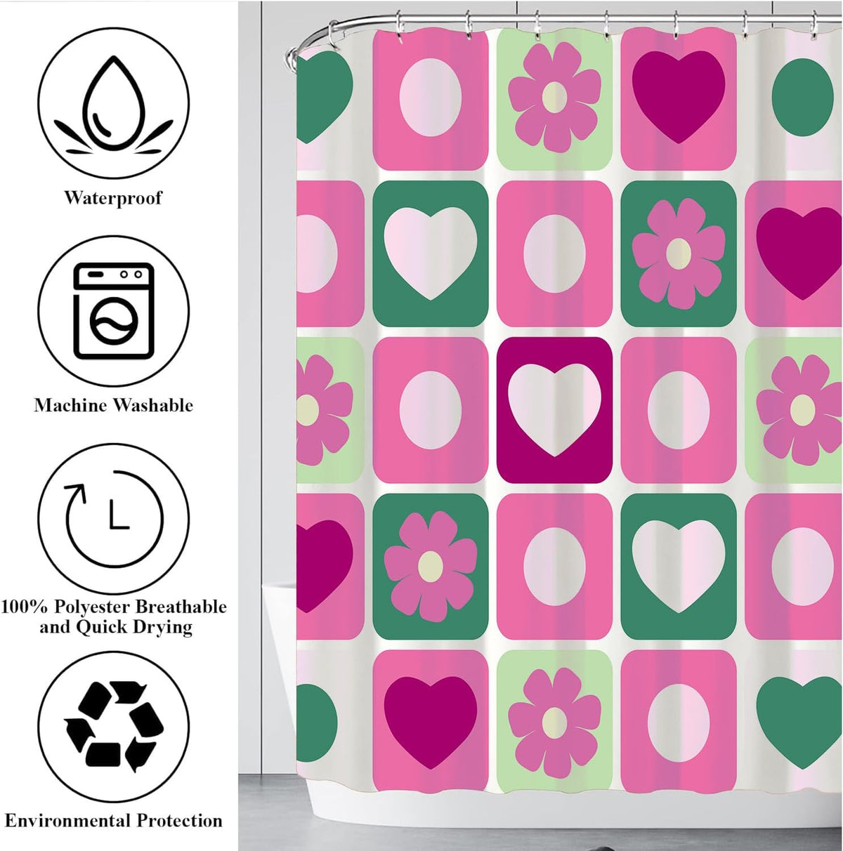Checkered Shower Curtain Retro Abstract Geometric Boho Pink Flower Shower Curtain for Bathroom Decor Waterproof Fabric with Hook 72X72 Inch