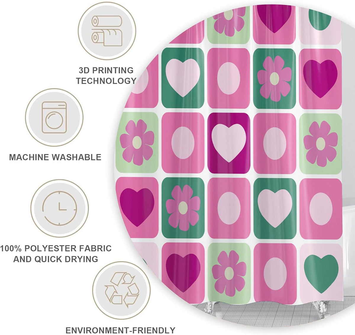 Checkered Shower Curtain Retro Abstract Geometric Boho Pink Flower Shower Curtain for Bathroom Decor Waterproof Fabric with Hook 72X72 Inch