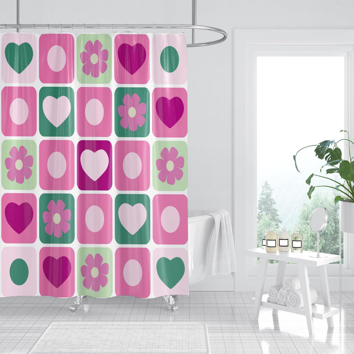 Checkered Shower Curtain Retro Abstract Geometric Boho Pink Flower Shower Curtain for Bathroom Decor Waterproof Fabric with Hook 72X72 Inch