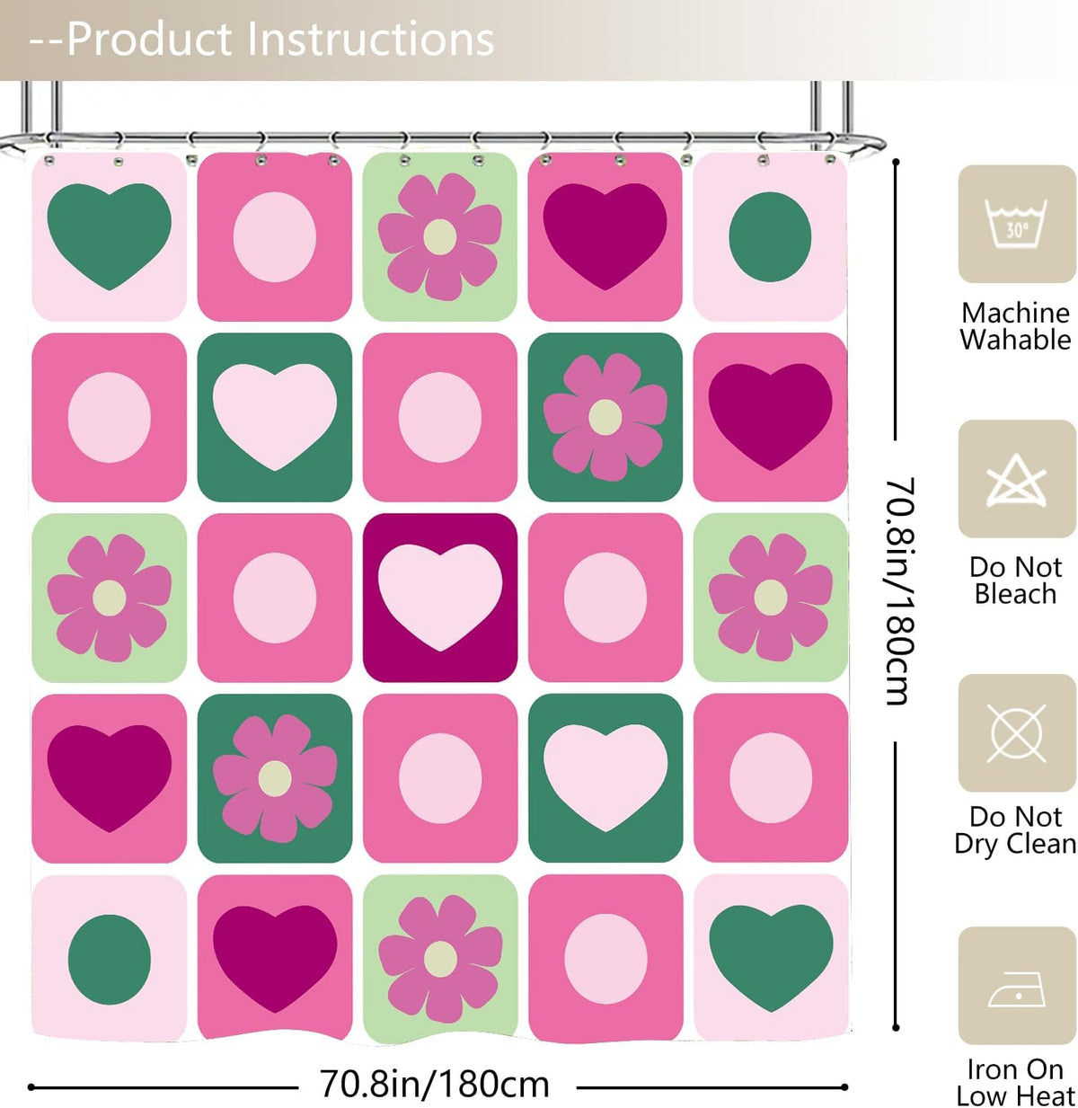 Checkered Shower Curtain Retro Abstract Geometric Boho Pink Flower Shower Curtain for Bathroom Decor Waterproof Fabric with Hook 72X72 Inch
