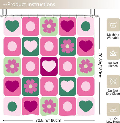 Checkered Shower Curtain Retro Abstract Geometric Boho Pink Flower Shower Curtain for Bathroom Decor Waterproof Fabric with Hook 72X72 Inch