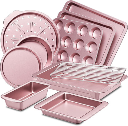 Bakeware Sets, Baking Pans Set, Nonstick Oven Pan for Kitchen with Wider Grips, 10-Piece Including Rack, Cookie Sheet, Cake Pans, Loaf Pan, Muffin Pan, Pizza Pan - Pink