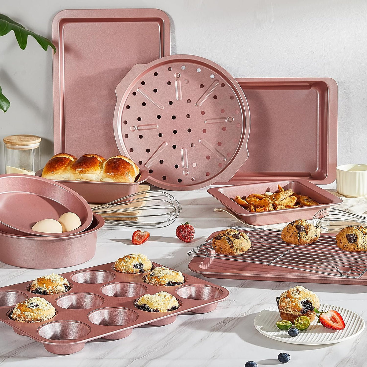 Bakeware Sets, Baking Pans Set, Nonstick Oven Pan for Kitchen with Wider Grips, 10-Piece Including Rack, Cookie Sheet, Cake Pans, Loaf Pan, Muffin Pan, Pizza Pan - Pink