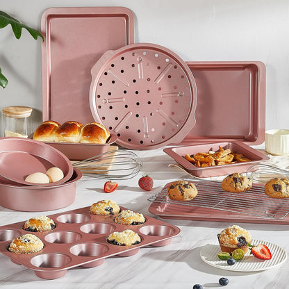 Bakeware Sets, Baking Pans Set, Nonstick Oven Pan for Kitchen with Wider Grips, 10-Piece Including Rack, Cookie Sheet, Cake Pans, Loaf Pan, Muffin Pan, Pizza Pan - Pink