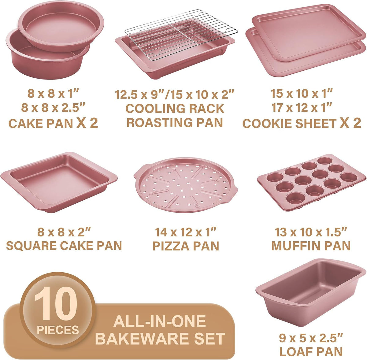 Bakeware Sets, Baking Pans Set, Nonstick Oven Pan for Kitchen with Wider Grips, 10-Piece Including Rack, Cookie Sheet, Cake Pans, Loaf Pan, Muffin Pan, Pizza Pan - Pink