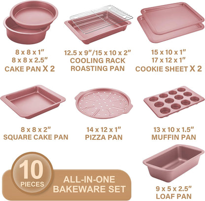 Bakeware Sets, Baking Pans Set, Nonstick Oven Pan for Kitchen with Wider Grips, 10-Piece Including Rack, Cookie Sheet, Cake Pans, Loaf Pan, Muffin Pan, Pizza Pan - Pink