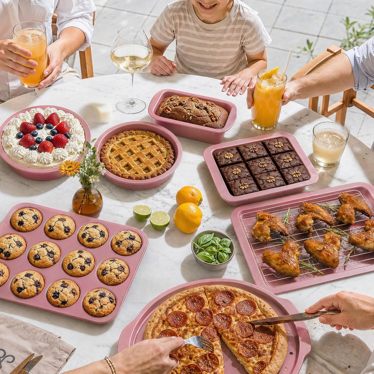Bakeware Sets, Baking Pans Set, Nonstick Oven Pan for Kitchen with Wider Grips, 10-Piece Including Rack, Cookie Sheet, Cake Pans, Loaf Pan, Muffin Pan, Pizza Pan - Pink