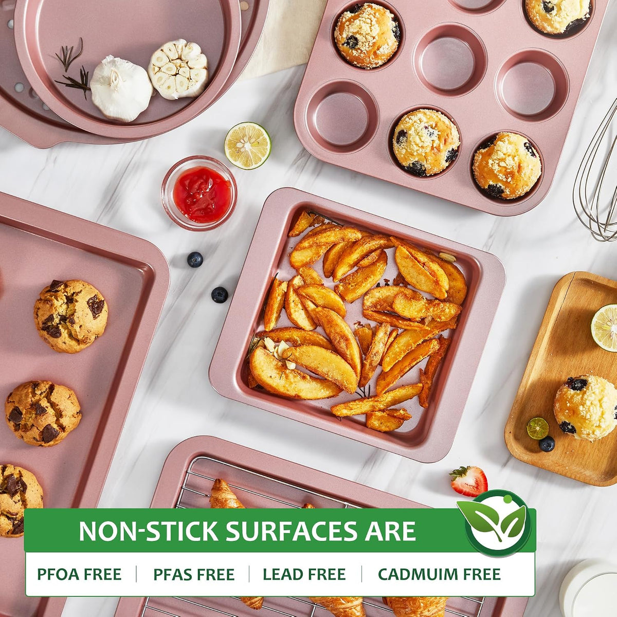 Bakeware Sets, Baking Pans Set, Nonstick Oven Pan for Kitchen with Wider Grips, 10-Piece Including Rack, Cookie Sheet, Cake Pans, Loaf Pan, Muffin Pan, Pizza Pan - Pink