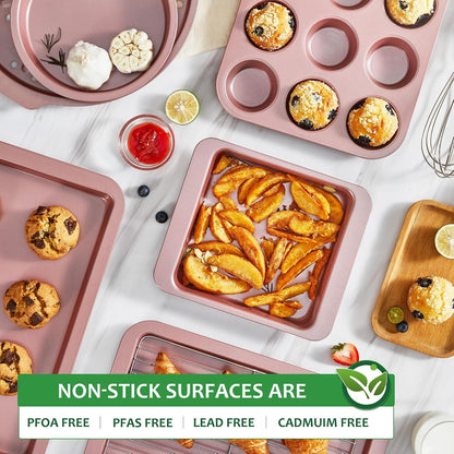Bakeware Sets, Baking Pans Set, Nonstick Oven Pan for Kitchen with Wider Grips, 10-Piece Including Rack, Cookie Sheet, Cake Pans, Loaf Pan, Muffin Pan, Pizza Pan - Pink