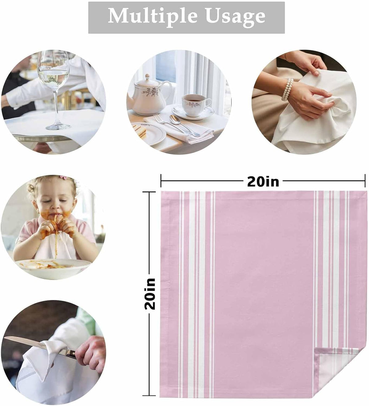 Cloth Napkins 20 x 20 Inch Pink Stripes Soft Absorbent Dinner Napkins French Stripe Farmhouse Style Washable Reusable Kitchen Napkin Sets for Parties Wedding Restaurant Hotel