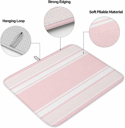 Pink Striped Dish Drying Mat 1 Pack, Modern Classic Stripe Rustic Country Farmhouse Absorbent Heat Insulating Kitchen Drying Pad Drainer Mats for Sink Counter Pot Dishes 16 X 18 Inch