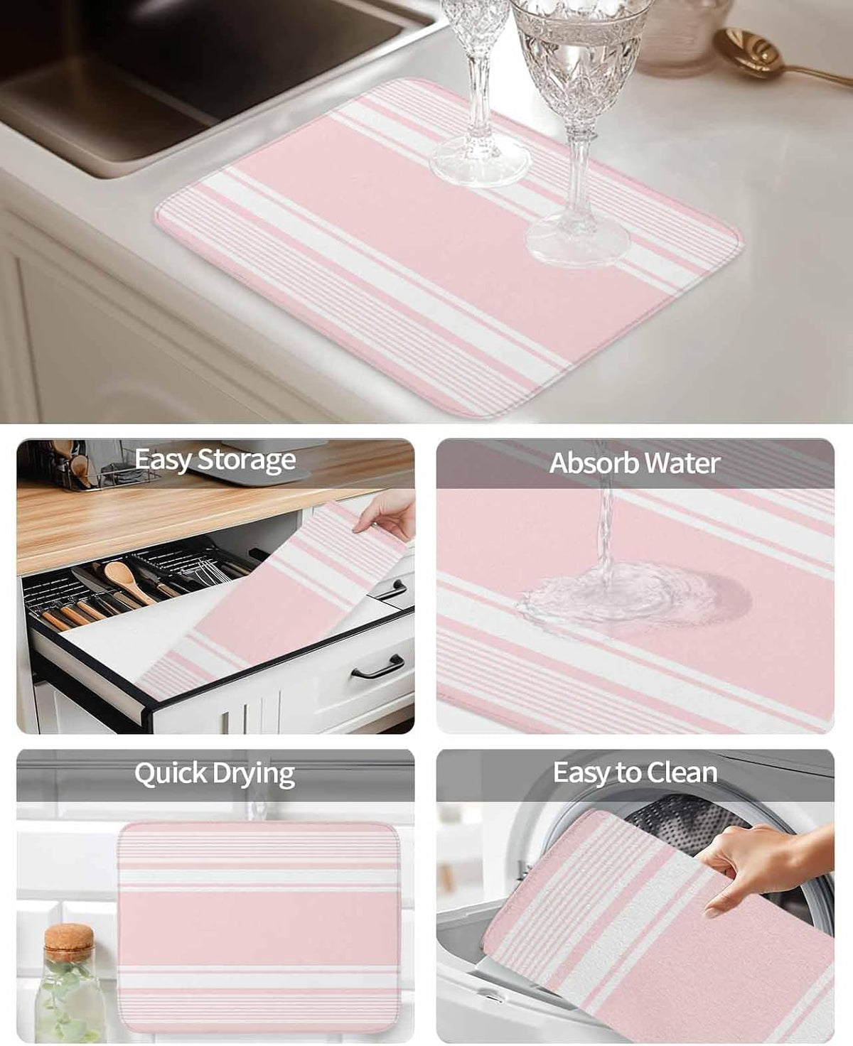 Pink Striped Dish Drying Mat 1 Pack, Modern Classic Stripe Rustic Country Farmhouse Absorbent Heat Insulating Kitchen Drying Pad Drainer Mats for Sink Counter Pot Dishes 16 X 18 Inch