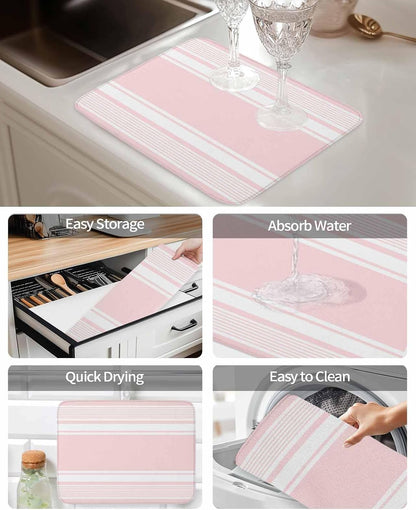 Pink Striped Dish Drying Mat 1 Pack, Modern Classic Stripe Rustic Country Farmhouse Absorbent Heat Insulating Kitchen Drying Pad Drainer Mats for Sink Counter Pot Dishes 16 X 18 Inch