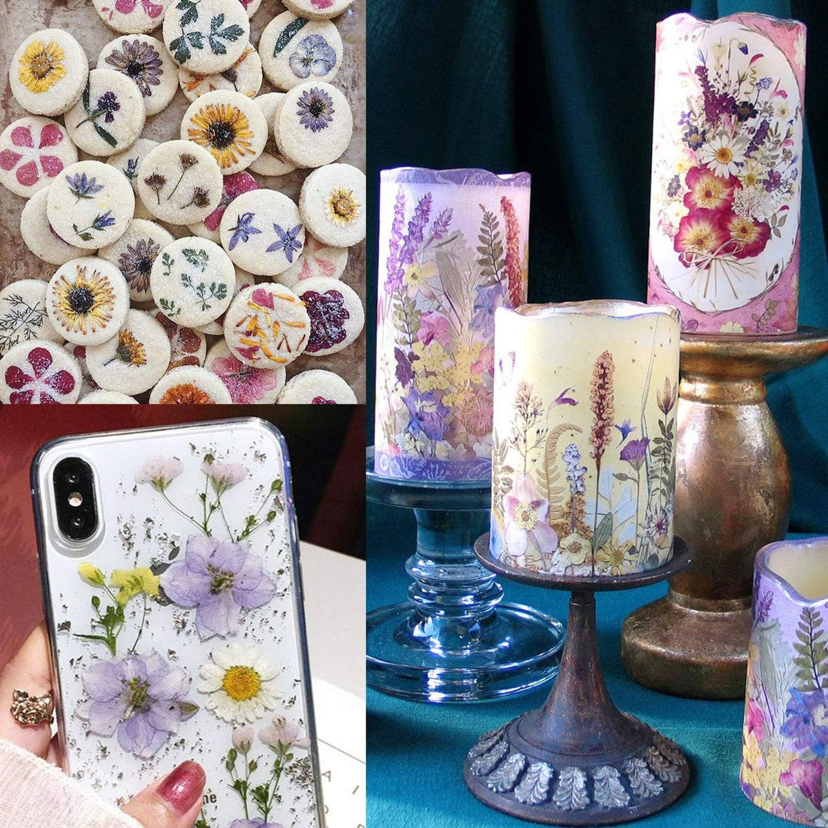 90 Pcs Real Dried Pressed Flowers and Leaves Natural Dried Petals for Candle Resin Jewelry Soap Nail Pendant Phone Case Crafts Making Floral Decors Scrapbooking DIY(Blue, Purple, Pink, Green)