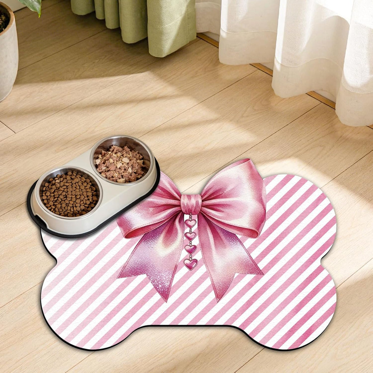 Bow and Bone Shaped Pet Food Mat for Floors 23.6x15.7 inch Pink Bownot Prints Feeding Mats Non-Slip Floors Mat Absorbent Pet Placemats for Cats Dogs Bowl and Water Dispenser