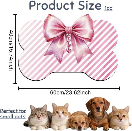 Bow and Bone Shaped Pet Food Mat for Floors 23.6x15.7 inch Pink Bownot Prints Feeding Mats Non-Slip Floors Mat Absorbent Pet Placemats for Cats Dogs Bowl and Water Dispenser