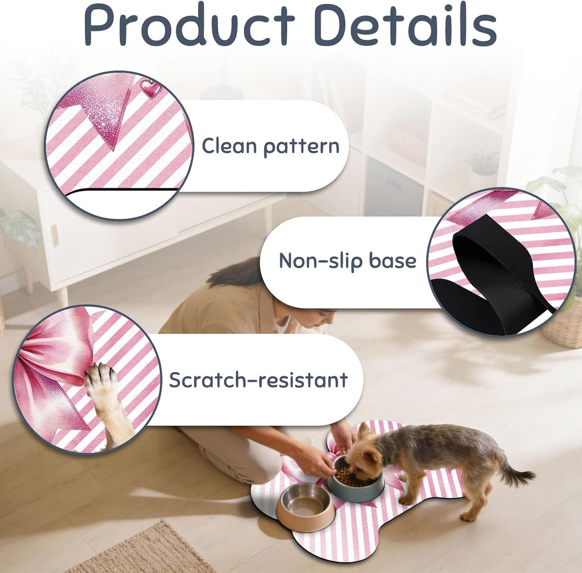 Bow and Bone Shaped Pet Food Mat for Floors 23.6x15.7 inch Pink Bownot Prints Feeding Mats Non-Slip Floors Mat Absorbent Pet Placemats for Cats Dogs Bowl and Water Dispenser