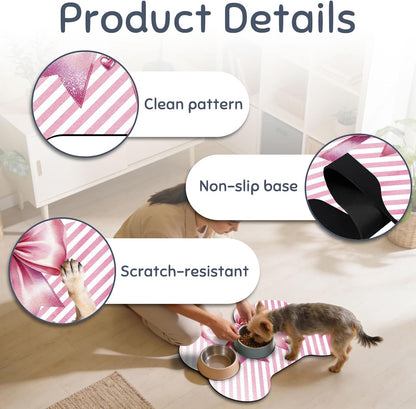 Bow and Bone Shaped Pet Food Mat for Floors 23.6x15.7 inch Pink Bownot Prints Feeding Mats Non-Slip Floors Mat Absorbent Pet Placemats for Cats Dogs Bowl and Water Dispenser