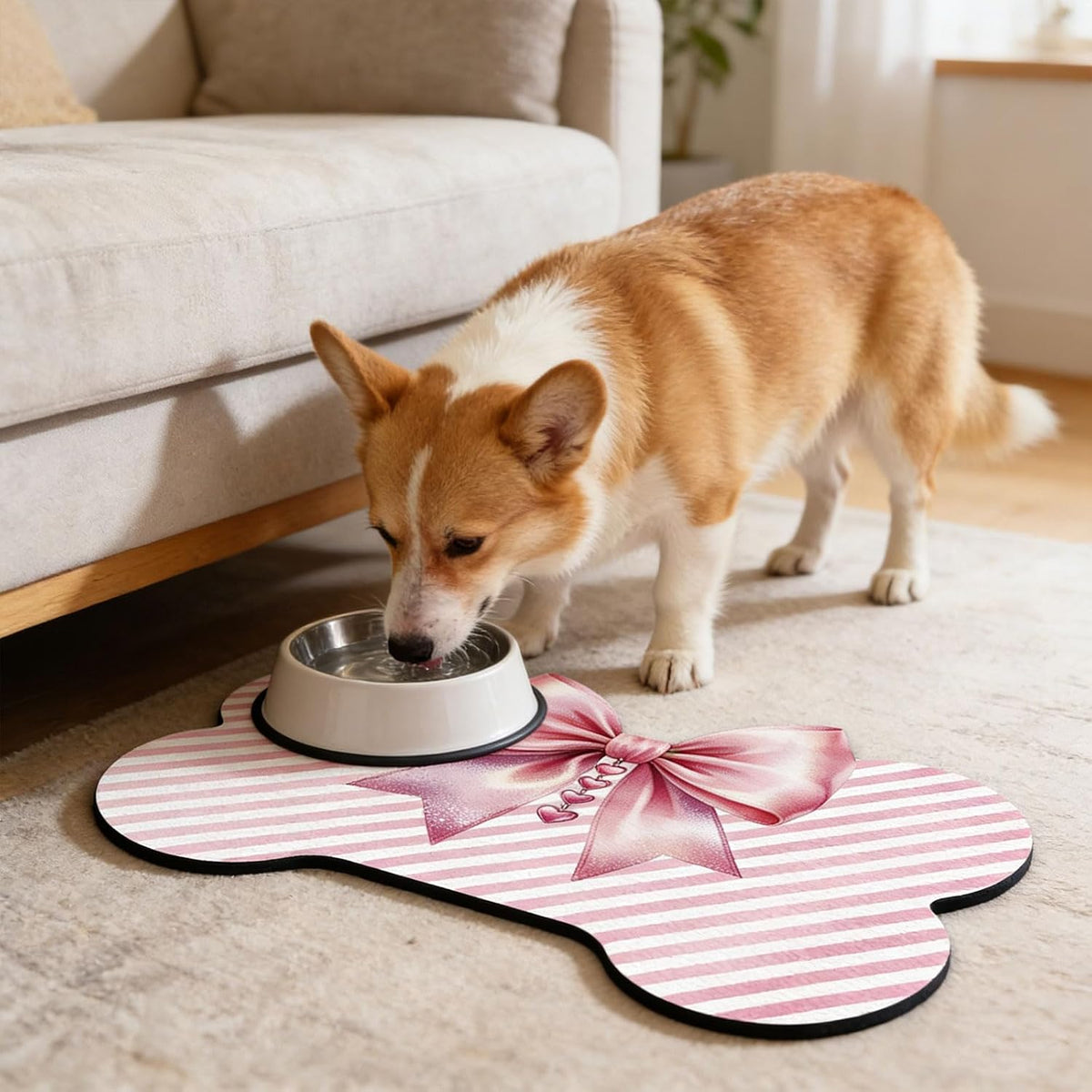 Bow and Bone Shaped Pet Food Mat for Floors 23.6x15.7 inch Pink Bownot Prints Feeding Mats Non-Slip Floors Mat Absorbent Pet Placemats for Cats Dogs Bowl and Water Dispenser