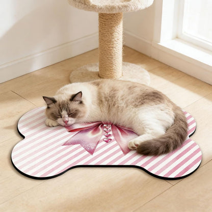 Bow and Bone Shaped Pet Food Mat for Floors 23.6x15.7 inch Pink Bownot Prints Feeding Mats Non-Slip Floors Mat Absorbent Pet Placemats for Cats Dogs Bowl and Water Dispenser
