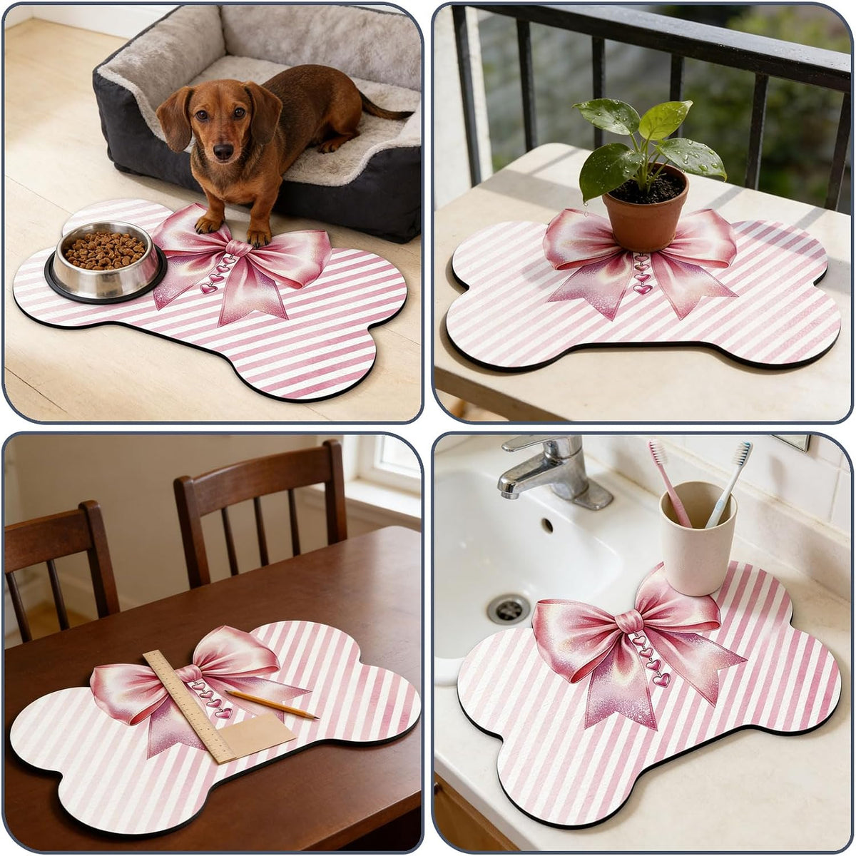 Bow and Bone Shaped Pet Food Mat for Floors 23.6x15.7 inch Pink Bownot Prints Feeding Mats Non-Slip Floors Mat Absorbent Pet Placemats for Cats Dogs Bowl and Water Dispenser