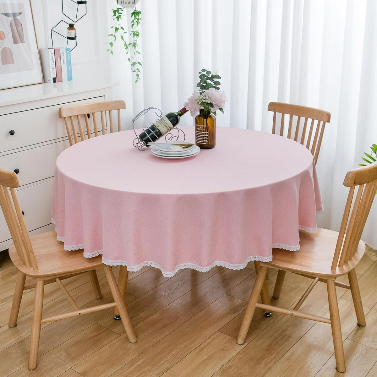 Round Tablecloth Faux Linen Waterproof Tablecloth with Lace Trim for Dining Kitchen Party, 86 Inch, Pink