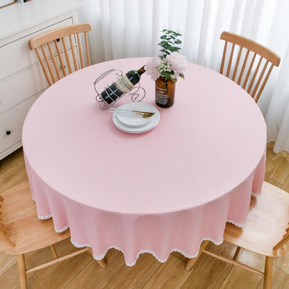 Round Tablecloth Faux Linen Waterproof Tablecloth with Lace Trim for Dining Kitchen Party, 86 Inch, Pink