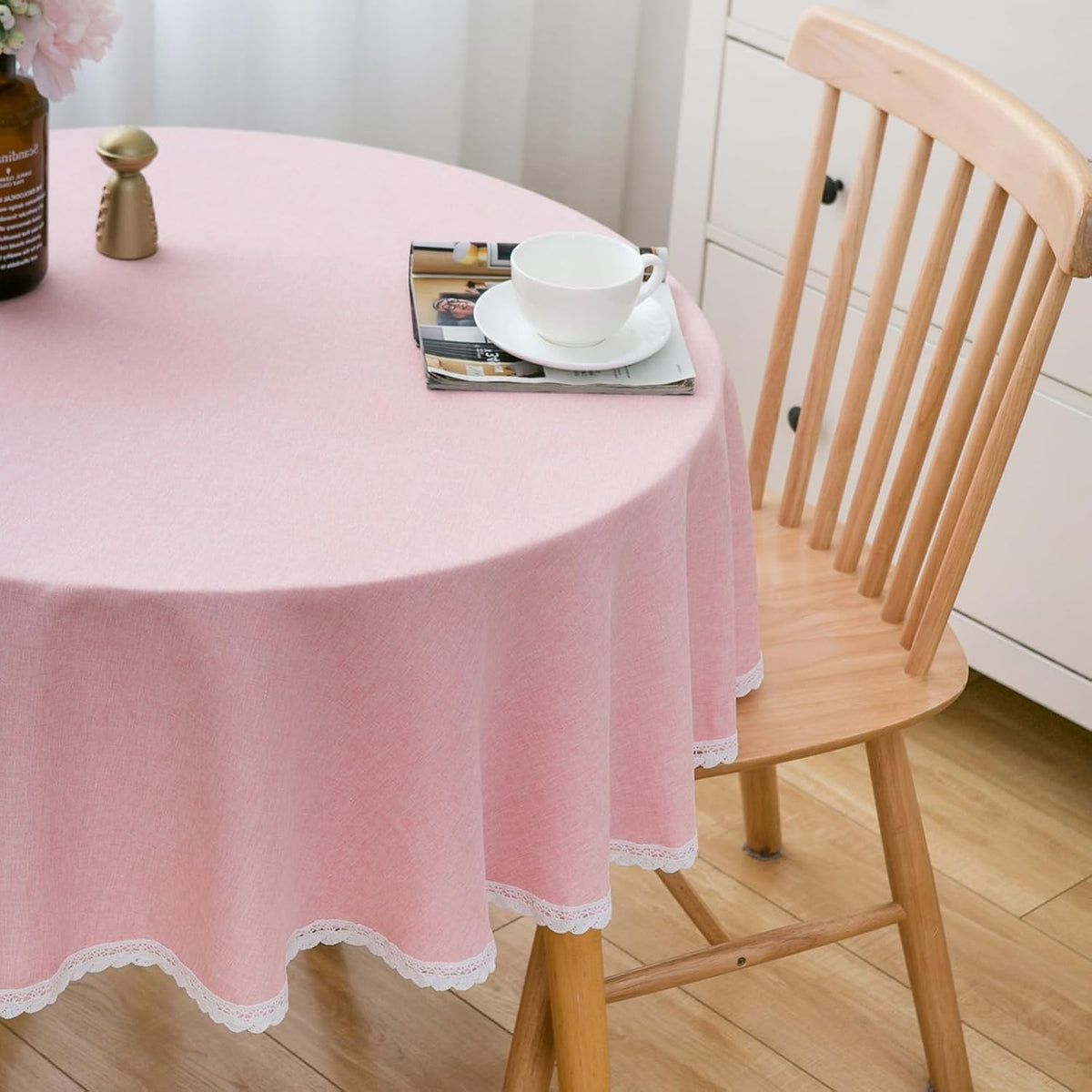 Round Tablecloth Faux Linen Waterproof Tablecloth with Lace Trim for Dining Kitchen Party, 86 Inch, Pink