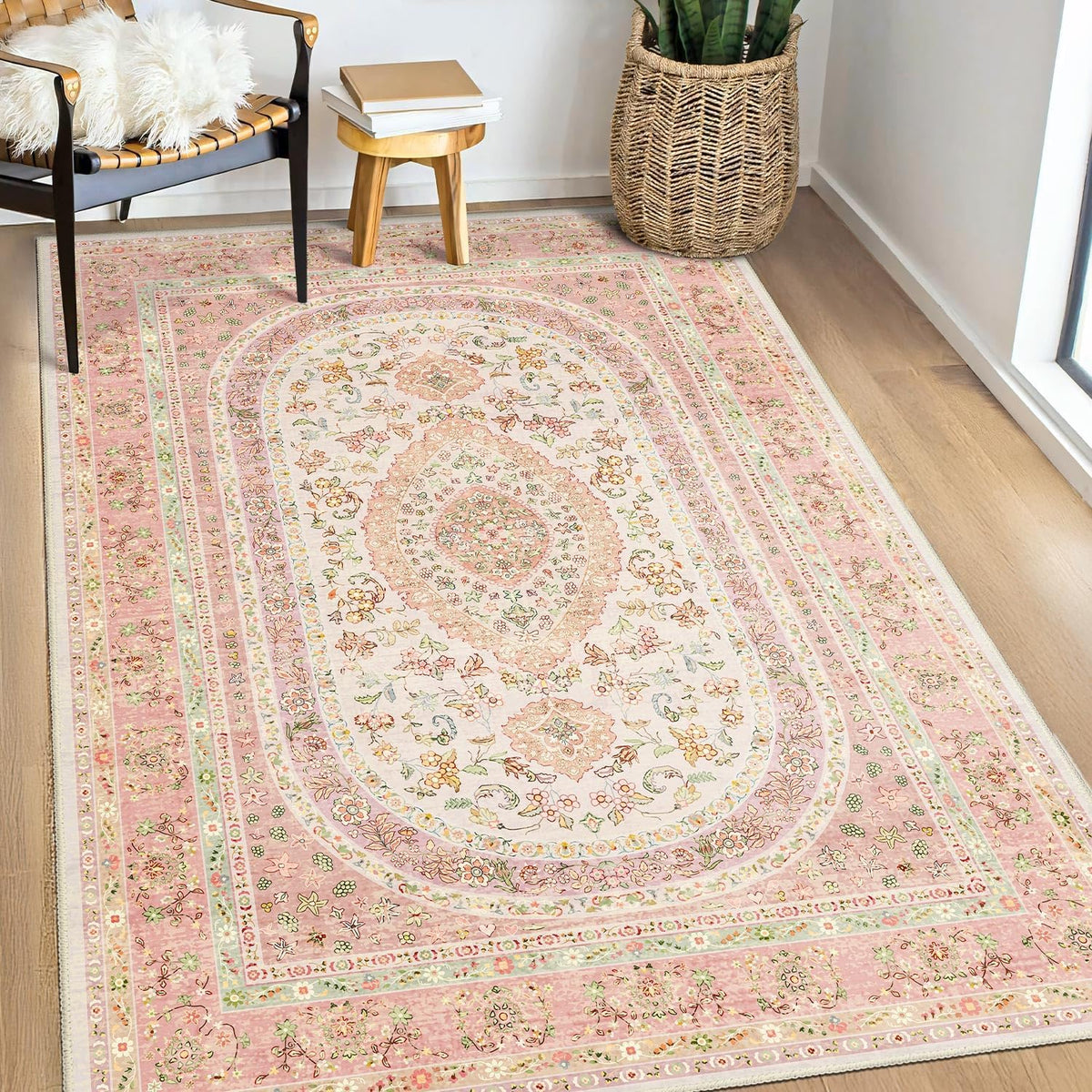 Pink Rug 3x5,Boho Washable Area Rugs for Bedroom Entryway