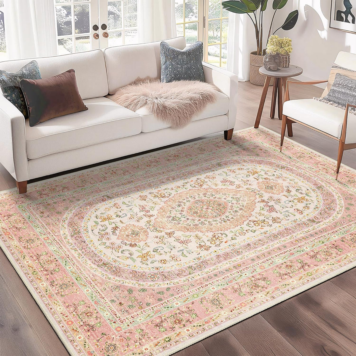 Pink Rug 3x5,Boho Washable Area Rugs for Bedroom Entryway