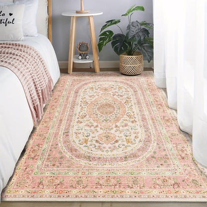 Pink Rug 3x5,Boho Washable Area Rugs for Bedroom Entryway