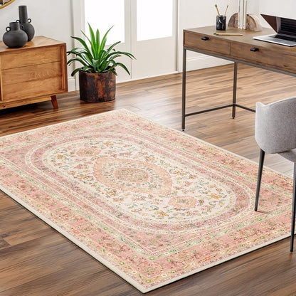 Pink Rug 3x5,Boho Washable Area Rugs for Bedroom Entryway