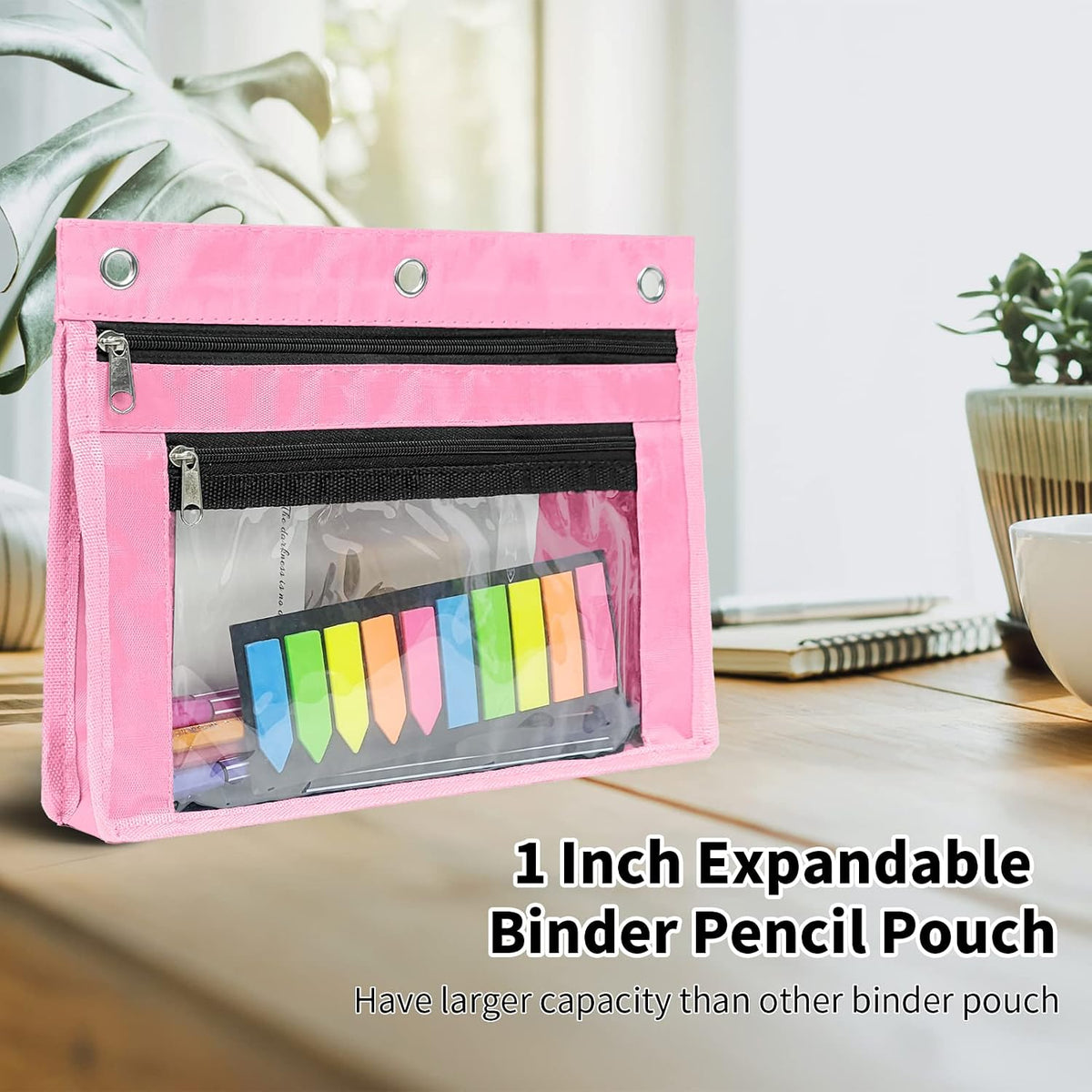 2 Pack Expandable Pencil Pouches for 3 Ring Binders, Pink