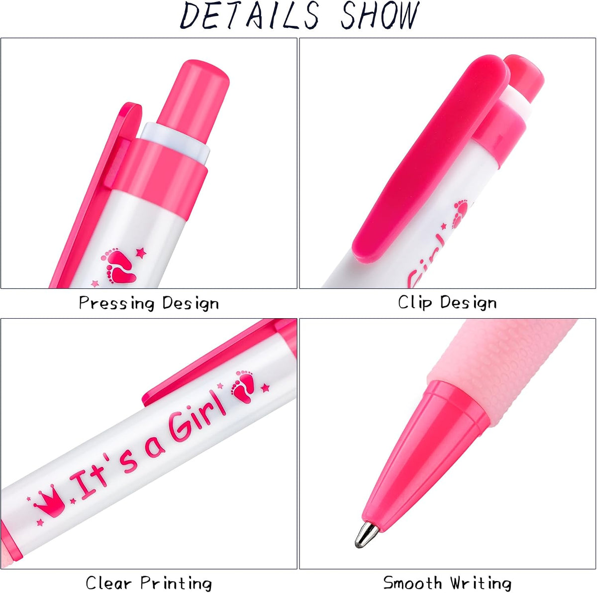 48 Pieces It's a Girl Baby Shower Ballpoint Pens, Pink Retractable Gel Pen with Soft Grip, Comfortable Black Ink Pens for Girls Baby Shower Favors Party Guests Gifts