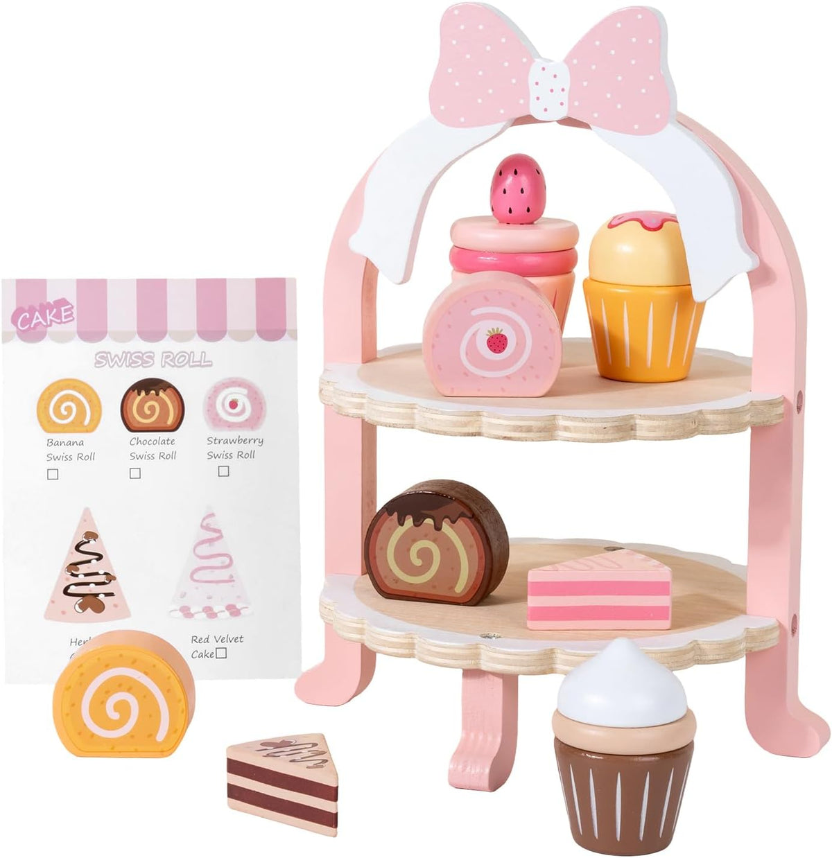 Wooden Cake Toy Tea Party Set Pretend Play Fake Food for 3-5 Girls Kitchen