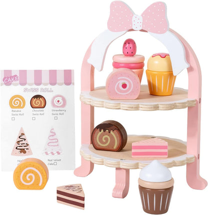 Wooden Cake Toy Tea Party Set Pretend Play Fake Food for 3-5 Girls Kitchen