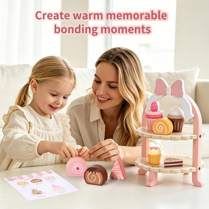 Wooden Cake Toy Tea Party Set Pretend Play Fake Food for 3-5 Girls Kitchen