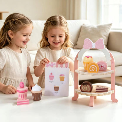 Wooden Cake Toy Tea Party Set Pretend Play Fake Food for 3-5 Girls Kitchen