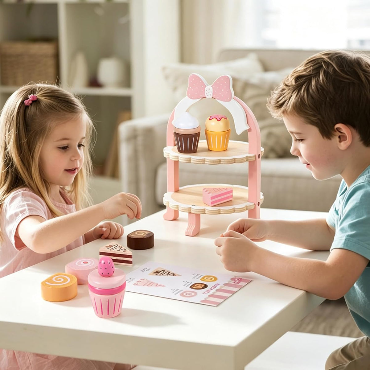 Wooden Cake Toy Tea Party Set Pretend Play Fake Food for 3-5 Girls Kitchen