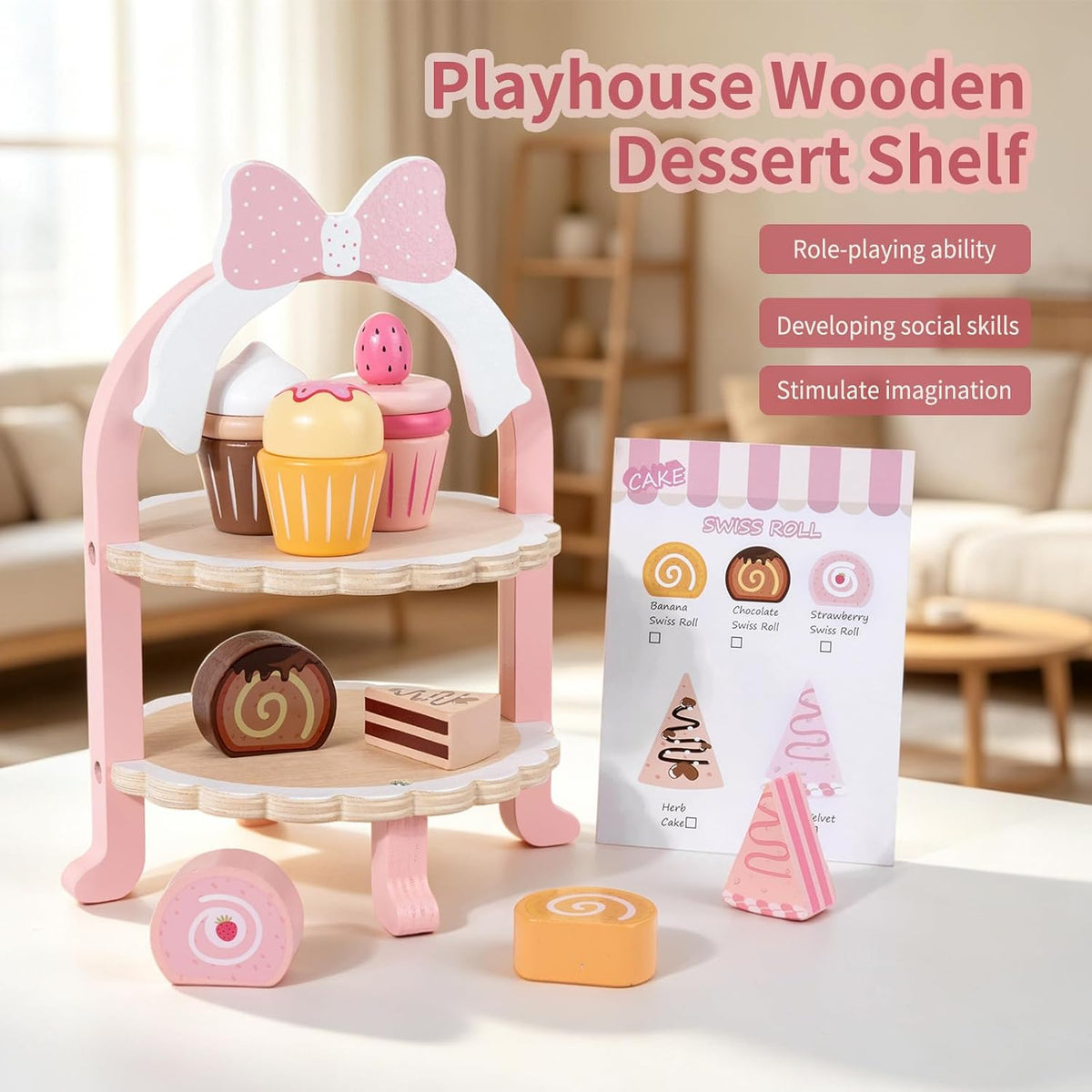 Wooden Cake Toy Tea Party Set Pretend Play Fake Food for 3-5 Girls Kitchen