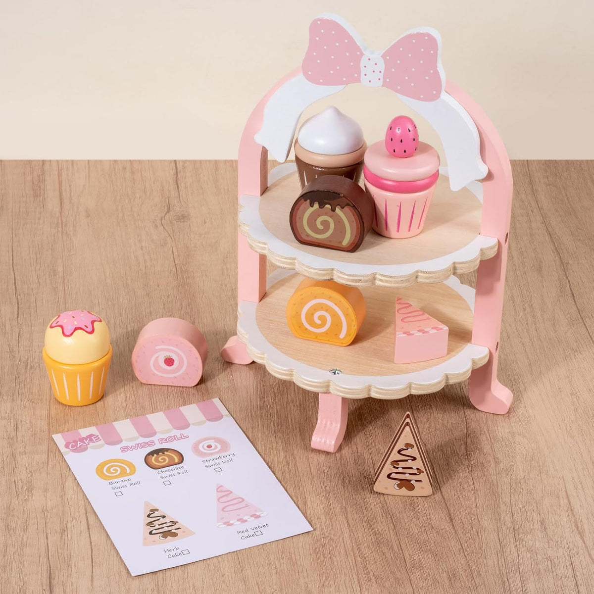 Wooden Cake Toy Tea Party Set Pretend Play Fake Food for 3-5 Girls Kitchen
