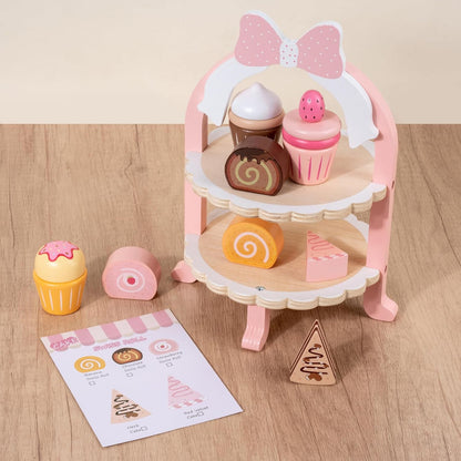 Wooden Cake Toy Tea Party Set Pretend Play Fake Food for 3-5 Girls Kitchen
