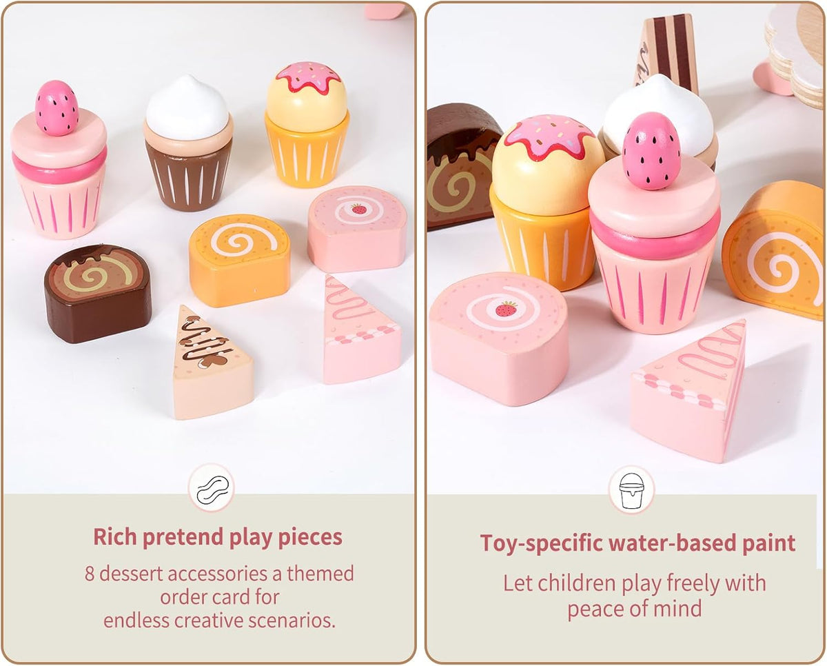 Wooden Cake Toy Tea Party Set Pretend Play Fake Food for 3-5 Girls Kitchen