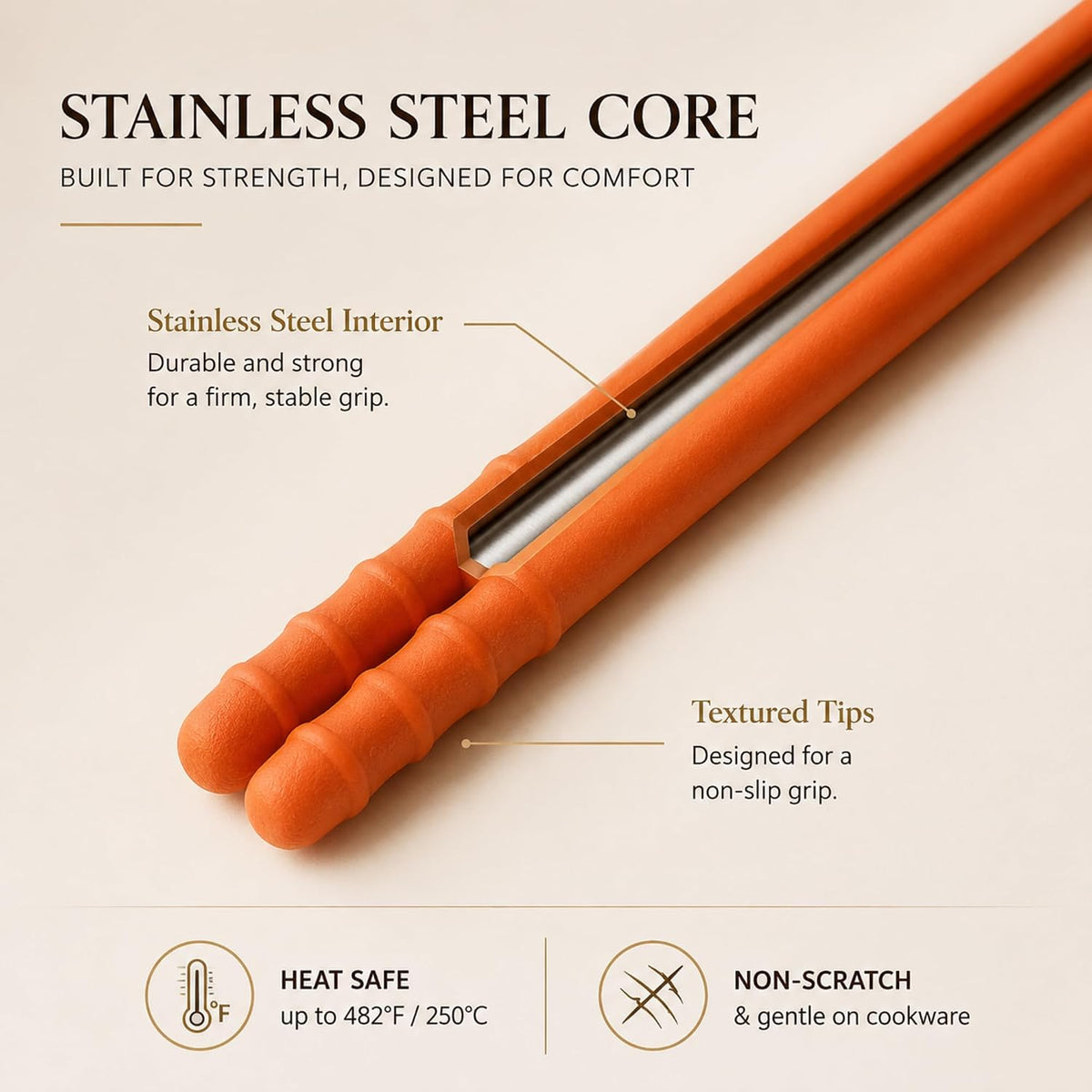 12-Inch Long Silicone Cooking Chopsticks with Spoon & Band, Stainless Steel Core, Non-Slip Non-Scratch Kitchen Utensil for Deep Frying, Tempura, Hot Pot, Ramen, Made in Korea ( Pink )