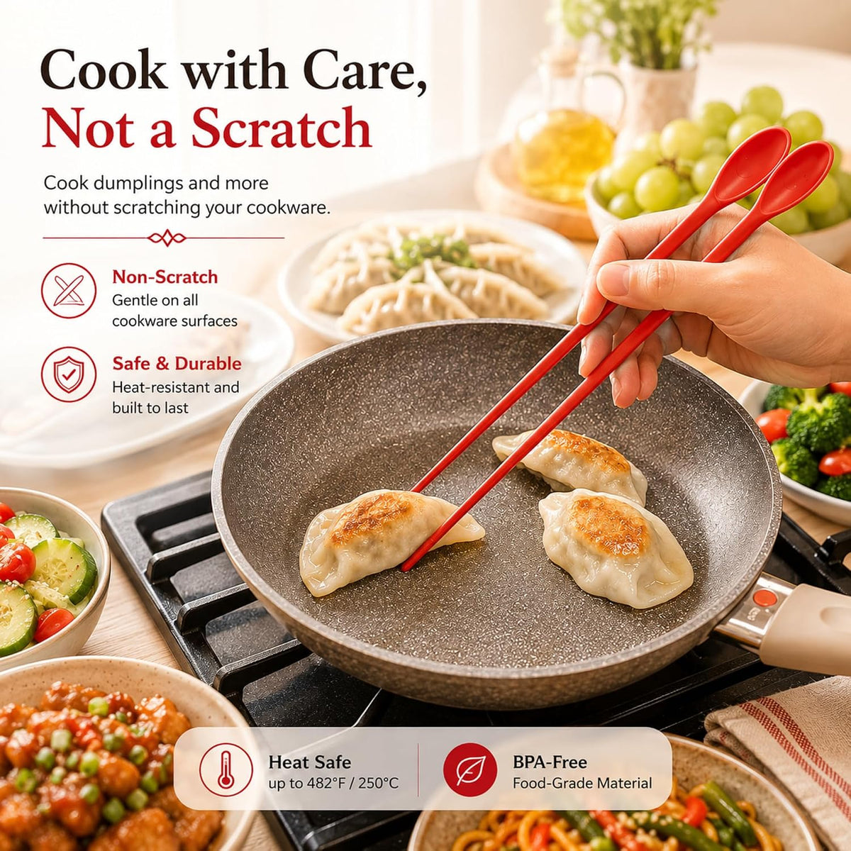 12-Inch Long Silicone Cooking Chopsticks with Spoon & Band, Stainless Steel Core, Non-Slip Non-Scratch Kitchen Utensil for Deep Frying, Tempura, Hot Pot, Ramen, Made in Korea ( Pink )